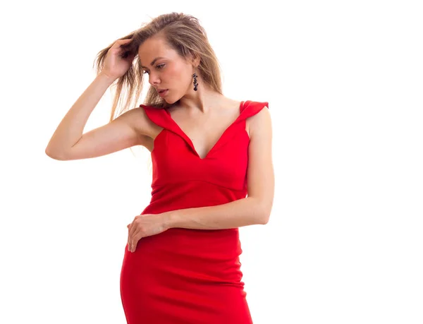 Young woman in red dress — Stock Photo, Image