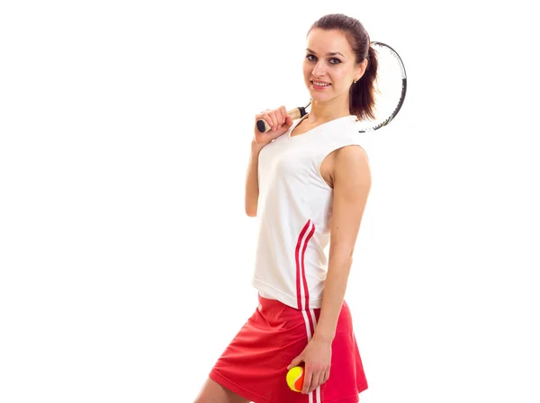 Mujer con raqueta de tenis y pelota —  Fotos de Stock