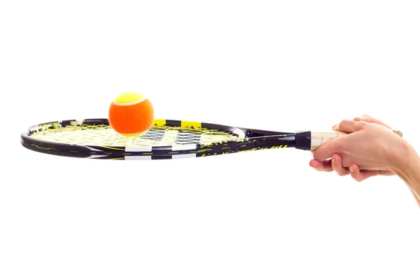 Mujer con raqueta de tenis y pelota — Foto de Stock