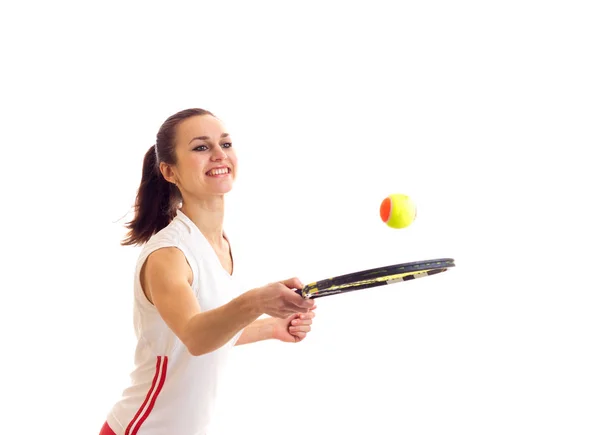 Mujer jugando con raqueta de tenis — Foto de Stock