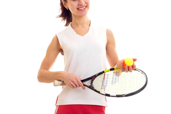 Mujer con raqueta de tenis y pelota — Foto de Stock