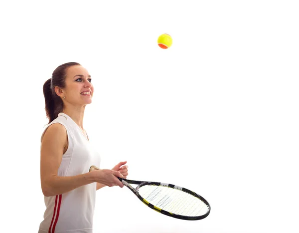 Vrouw spelen met tennis racket — Stockfoto