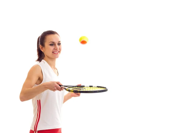 Mujer jugando con raqueta de tenis — Foto de Stock