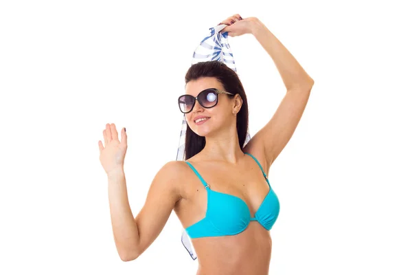 Woman in swimming suit with shawl and sunglasses Stock Photo