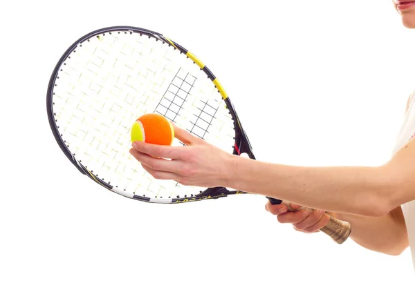 Kvinna med tennisracket och boll — Stockfoto