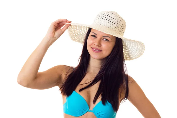 Kvinna i baddräkt med hatt — Stockfoto