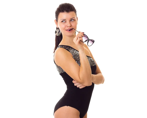 Young woman in swimming suit with sunglasses — Stock Photo, Image