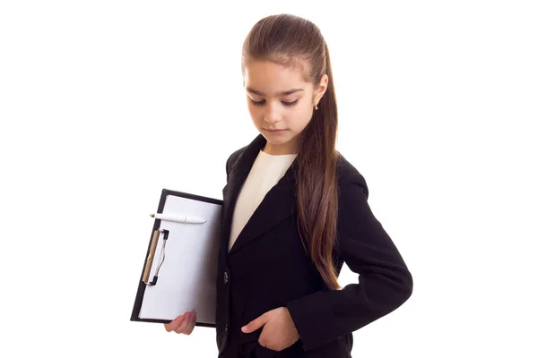 Little girl in black jacket — Stock Photo, Image