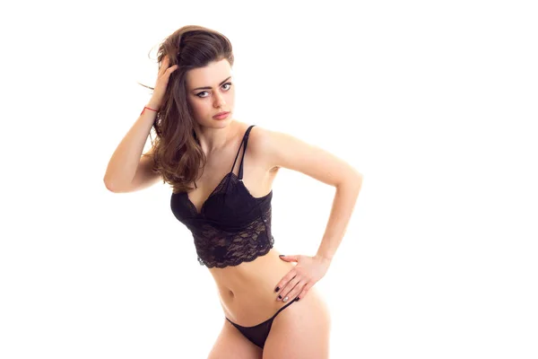 Jovem mulher em lingerie preta — Fotografia de Stock