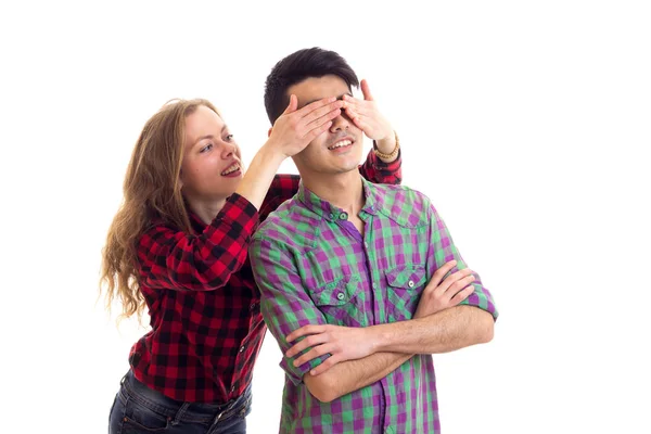 Young couple in plaid shirts — Stock Photo, Image