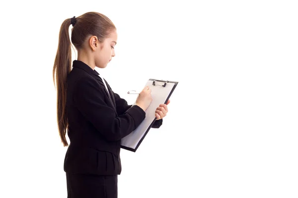 Little girl in black jacket — Stock Photo, Image