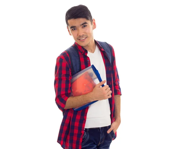 Jeune homme avec sac à dos et copies de livres — Photo