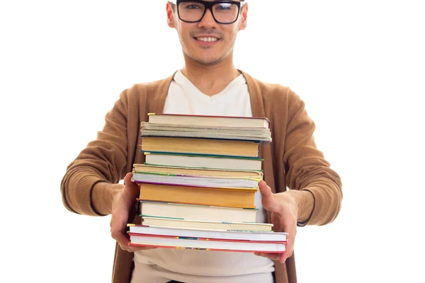 Joven en gafas con libros — Foto de Stock