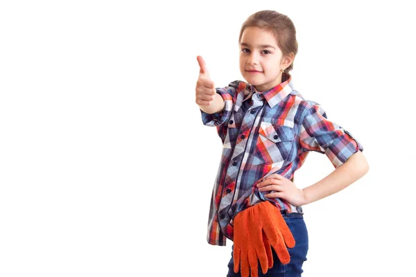 Turuncu eldiven ile küçük kız — Stok fotoğraf