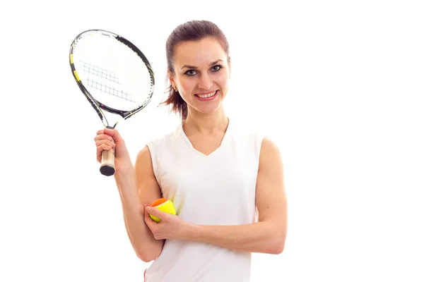 Vrouw met tennis racket en bal — Stockfoto