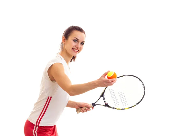 Mulher com raquete de tênis e bola — Fotografia de Stock