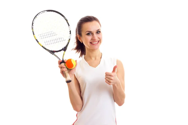 Mujer con raqueta de tenis y pelota —  Fotos de Stock