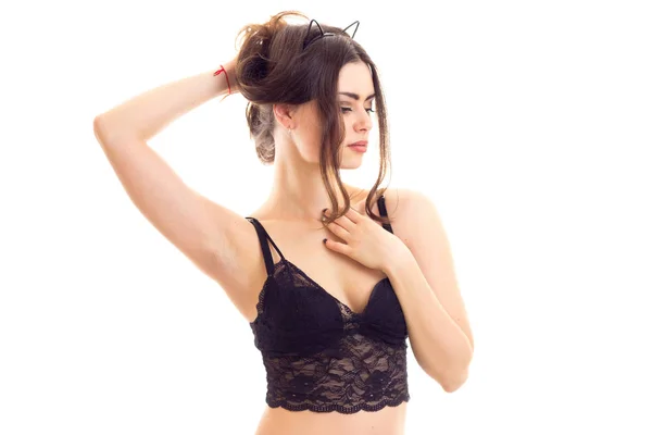 Jovem mulher em lingerie preta — Fotografia de Stock