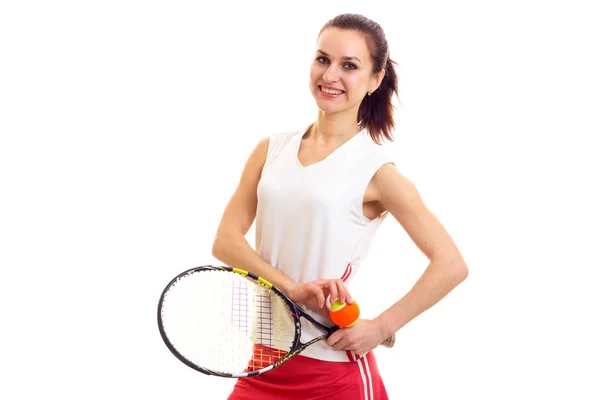 Γυναίκα με ρακέτα του τένις και μπάλα — Φωτογραφία Αρχείου