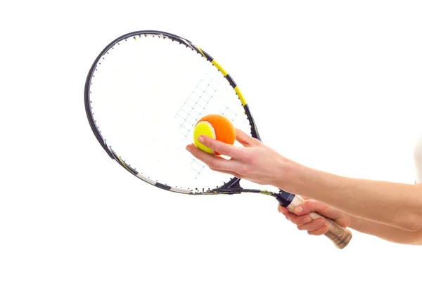 Mujer con raqueta de tenis y pelota —  Fotos de Stock