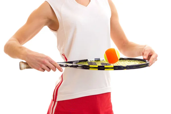 网球球拍和球的女人 — 图库照片
