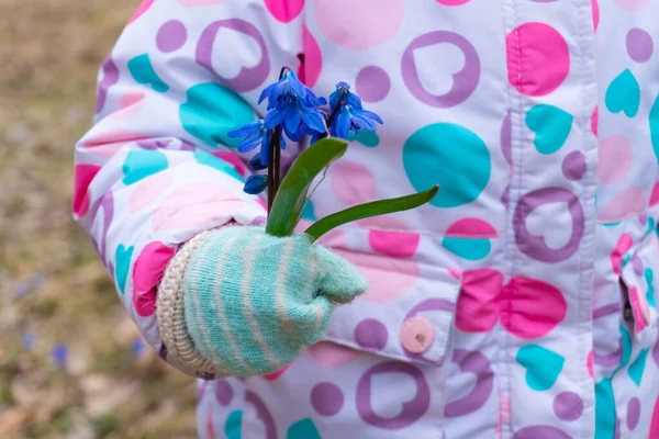 Menina segurando flores queda de neve primavera na mão — Fotografia de Stock