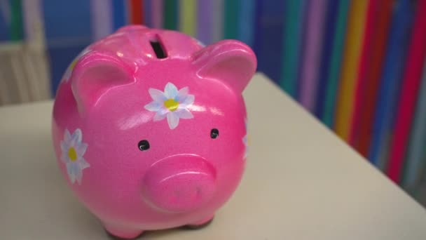 Pink pig moneybox with flowers standing on desk — Stock Video