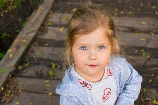 Portrait de petite fille mignonne aux yeux bleus regardant à la caméra — Photo