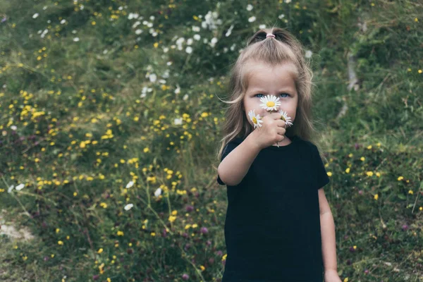 Κοριτσάκι με μαύρο μπλουζάκι που κρατάει λίγα λουλούδια χαμομηλιού — Φωτογραφία Αρχείου