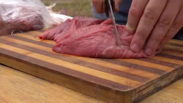 Ensemble de vidéos comment l'homme coupe et cuisine de la viande sur barbecue — Video