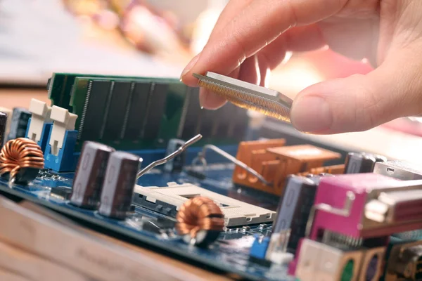 Conecte el microprocesador de la CPU al zócalo de la placa base . —  Fotos de Stock