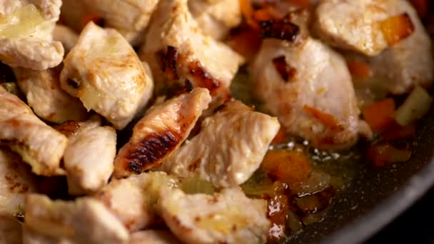 Stewing pieces of chicken meat and vegetables on frying pan. Close-up shot, 4K — Stock Video