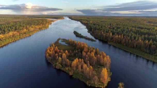 Finlandiya. Sonbaharda adanın ve ormanın üzerinde uçmak. Hava atışı, 4K. — Stok video