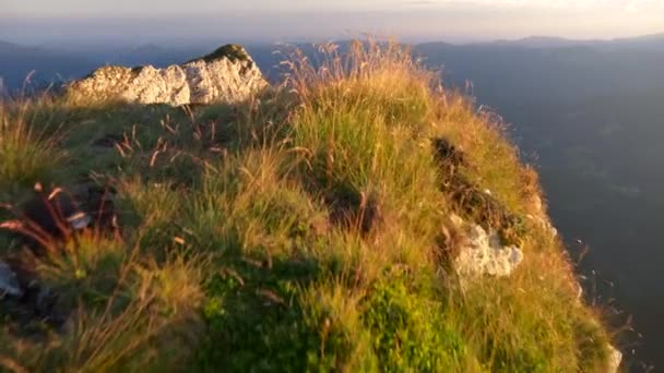 Románia. Egy hegy tetején, amit fű borított napnyugtakor. Steadicam lövés, Uhd — Stock videók