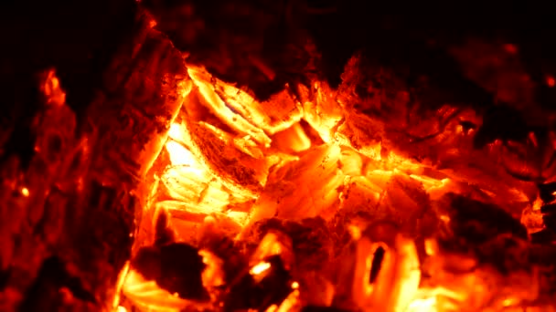 Primer plano de carbones rojos ardiendo. Carbón anaranjado en la estufa. UHD, 4K — Vídeos de Stock