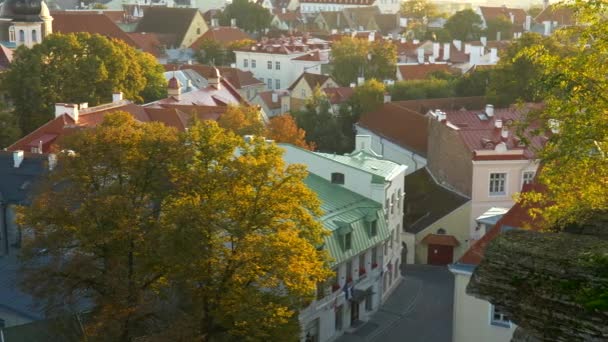 Tiro panorâmico de outono Tallinn ao nascer do sol. Cidade velha com árvores de outono amarelas. 4K, UHD — Vídeo de Stock