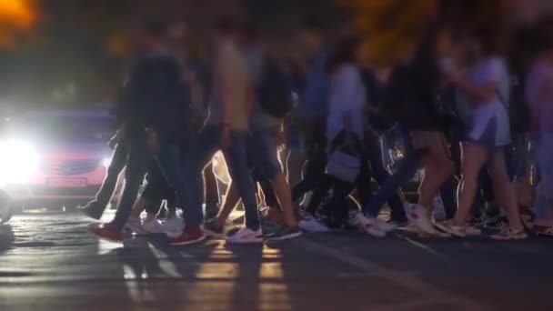 Onherkenbare mensen lopen en kruisen de voetgangers. Auto 's wachten en laten mensen passeren tijdens de avondspits. Slow motion shot — Stockvideo