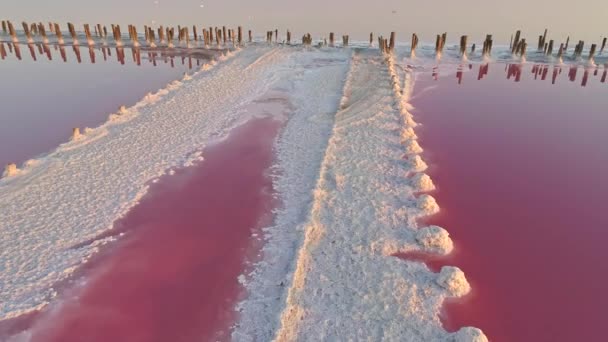 Caméra se déplaçant au-dessus du lac rose salé qui était un site d'extraction de sel avant. 4K — Video