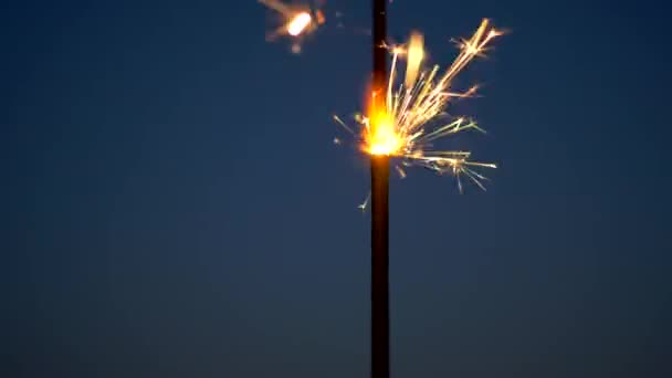 Sparkler queimando contra o fundo do céu à noite. Varinha de fogo bengali para o Natal e Feliz Ano Novo conceito — Vídeo de Stock