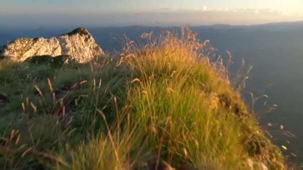 Steadicam tiro de montanhas na Romênia, parque nacional Piatra Craiului. Câmera se movendo ao longo do penhasco da montanha em luzes de pôr do sol . — Vídeo de Stock