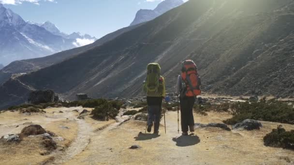 Due donne con gli zaini stanno camminando lungo il sentiero nelle montagne del Nepal. Colpo lento. 4K, UHD — Video Stock