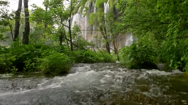 Water flowing intensively in a lake in Plitvice Lakes National Park, Croatia. A waterfall is seen in the background. Steadicam, UHD — ストック動画