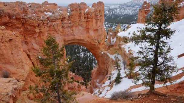 Arc et rochers rouges dans la neige. Parc national de Bryce Canyon en hiver. Bryce Canyon, Utah, États-Unis. Steadicam shot, 4K — Video