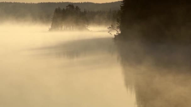 Naturaleza de Finlandia. Lago brumoso por la mañana. Un lugar maravilloso para pescar. Iluminación mística. UHD — Vídeo de stock
