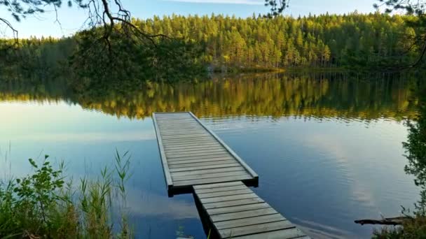 Natura Finlandii. Molo na jeziorze. Sosnowy las w tle odbijający się na cudownej błękitnej wodzie jeziora. Kamera idzie do przodu. Stabilny strzał, 4K — Wideo stockowe