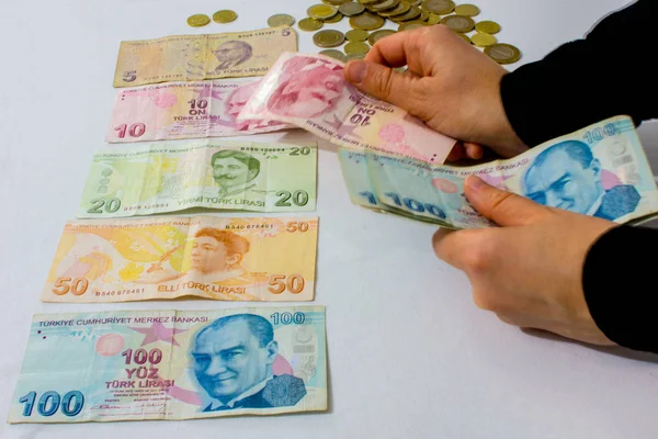 Χαρτονομίσματα και κέρματα του Τουρκική Λίρα Εικόνα Αρχείου
