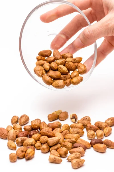 Pealed hazelnuts droped out of the glass bowl — Stock Photo, Image