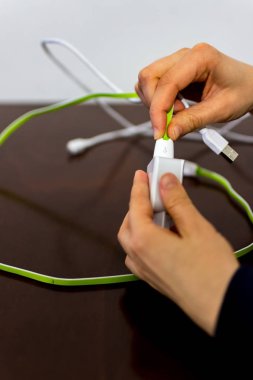 İki kablo ve telefon şarj cihazı tutan kız 