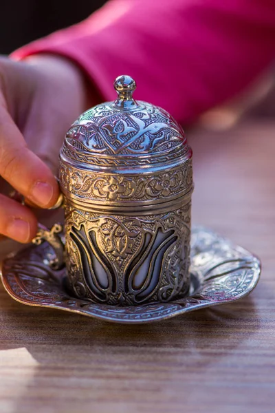 Silver cup for turkish coffee — Stock Photo, Image