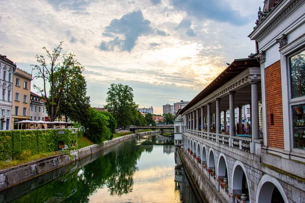 Uitzicht Rivier Ljubljanica Ljubljana Slovenië Bij Markten — Stockfoto